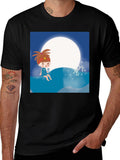 Cartoon Girl Moon Beach T-Shirt