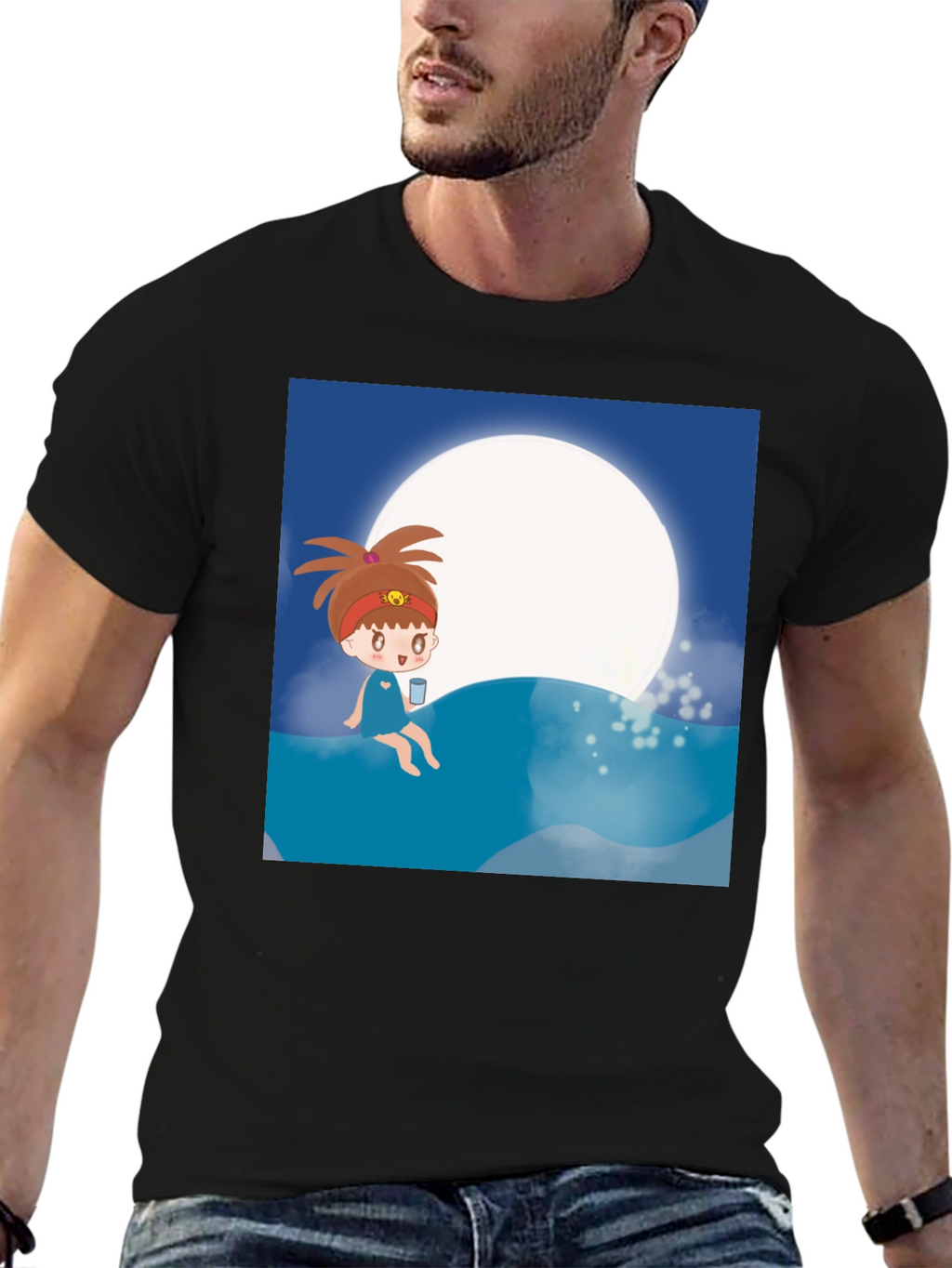 Cartoon Girl Moon Beach T-Shirt