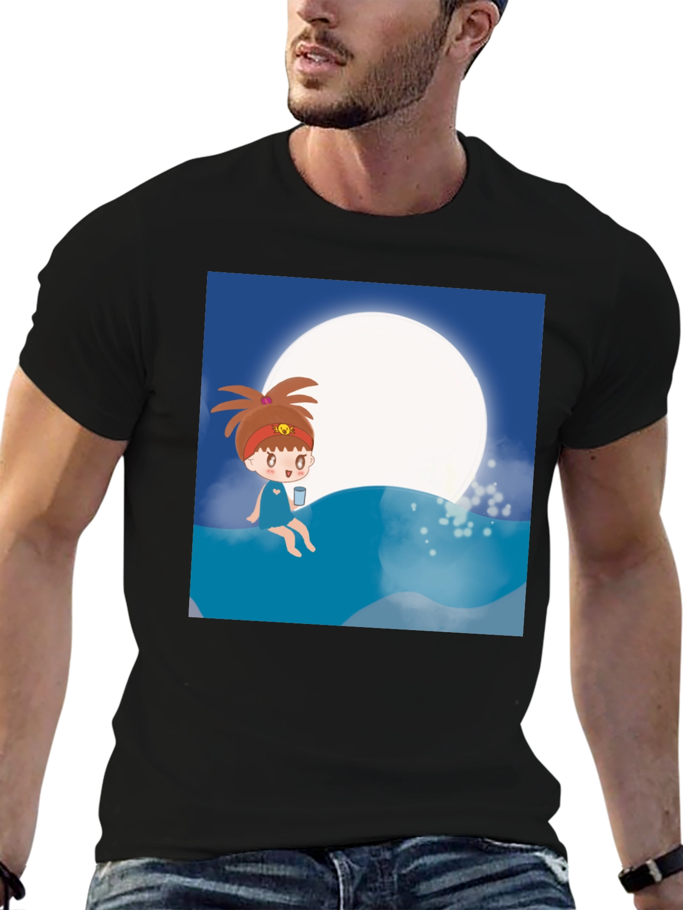 Cartoon Girl Moon Beach T-Shirt