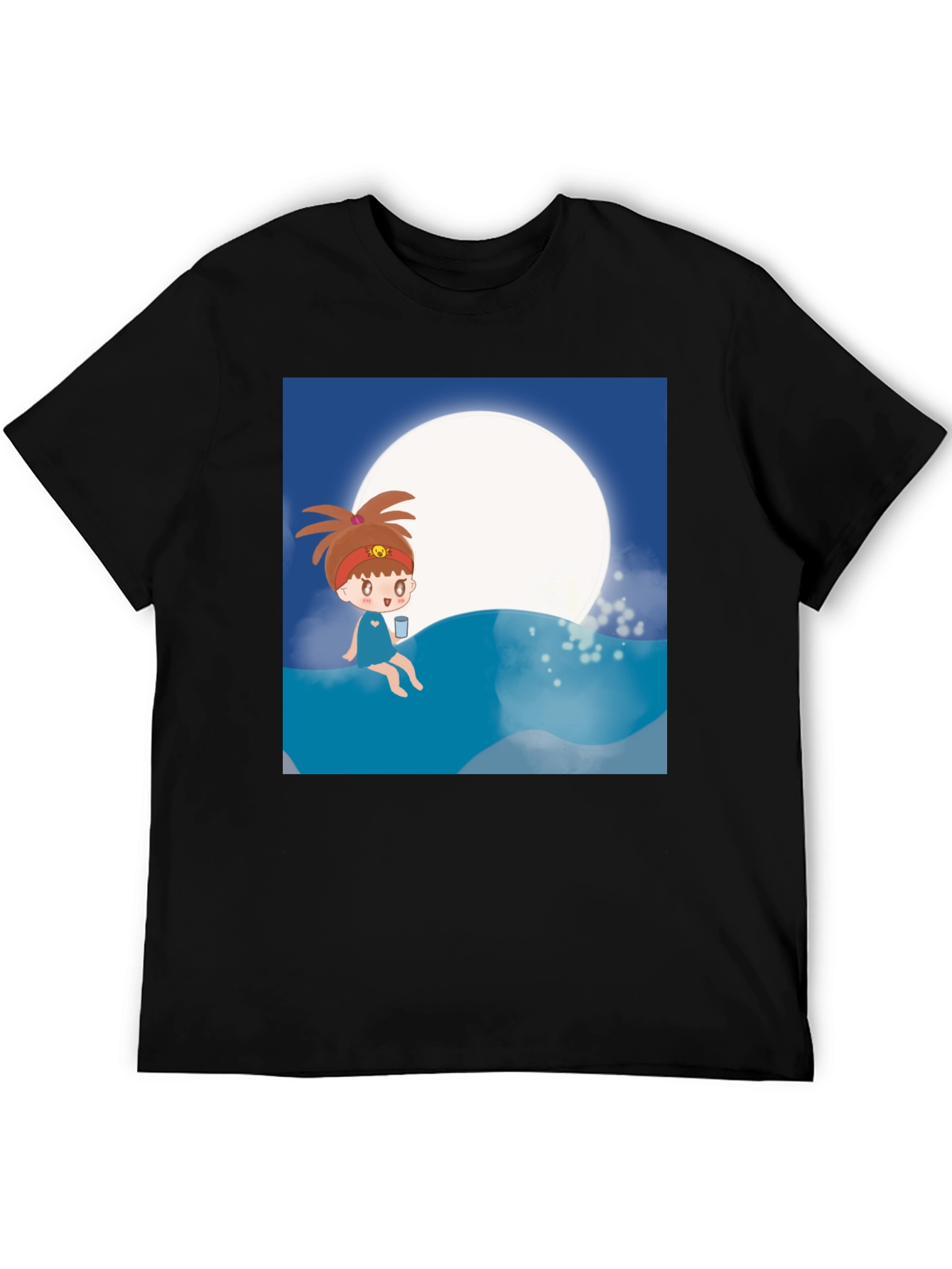 Cartoon Girl Moon Beach T-Shirt