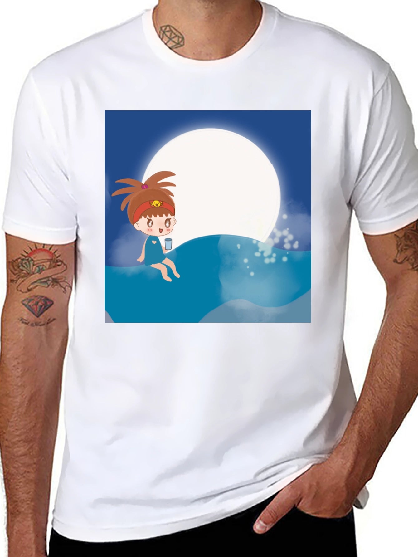 Cartoon Girl Moon Beach T-Shirt