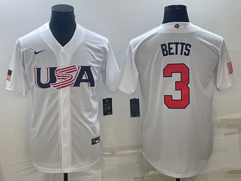 Men's 2023 World Baseball Classic #3 Mookie Betts USA White Jerseys