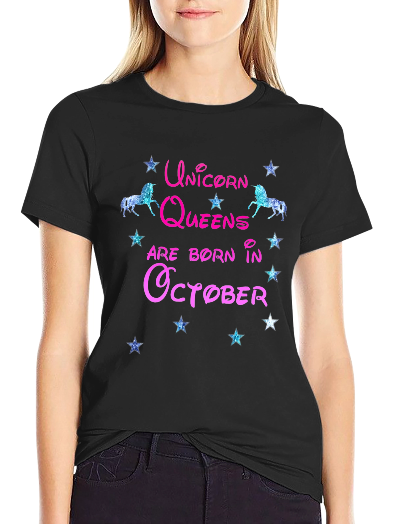 Unicorn Queens Born in October Black T-Shirt