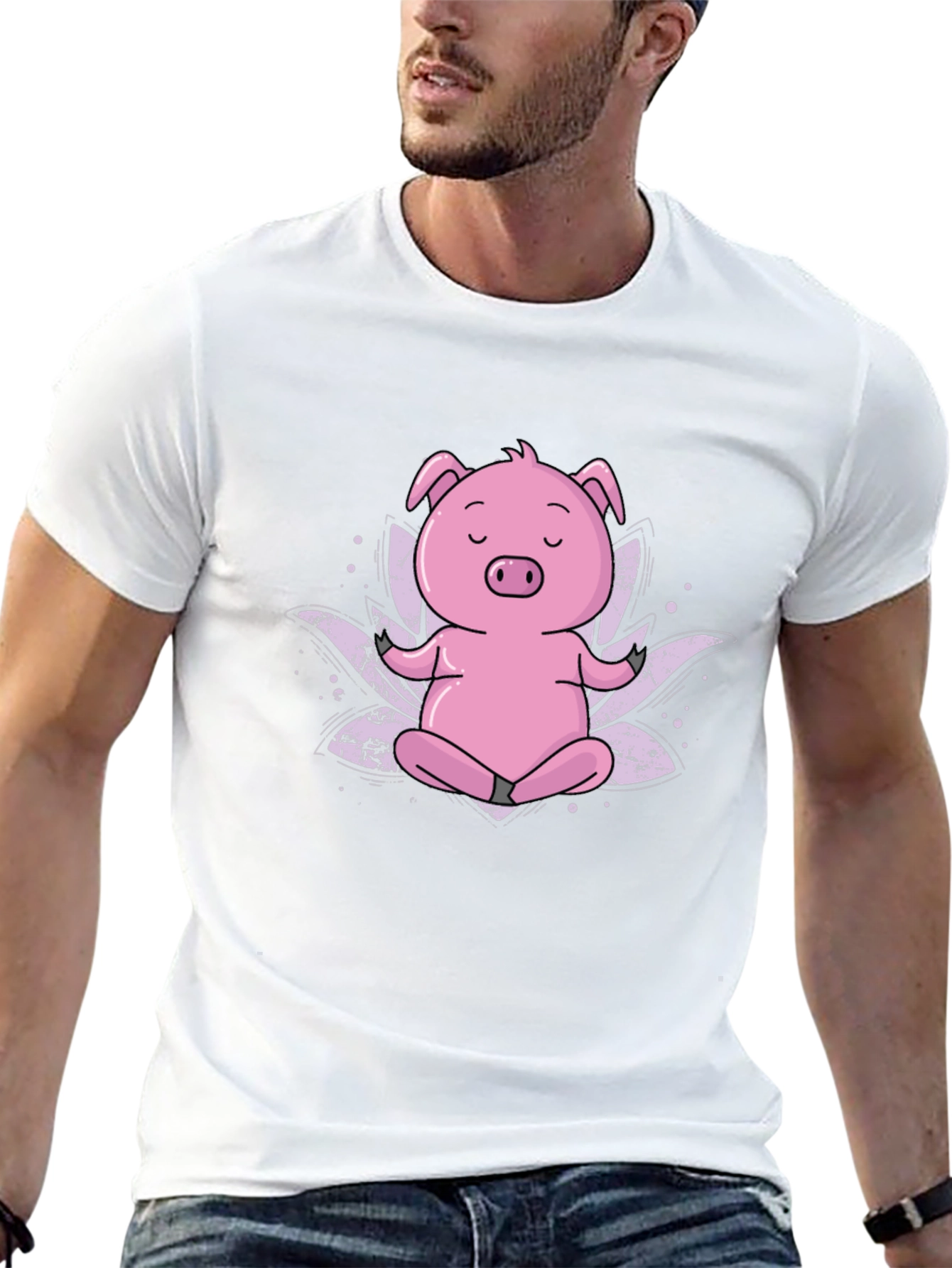 Zen Pig Black T-Shirt - Meditating Cartoon Animal
