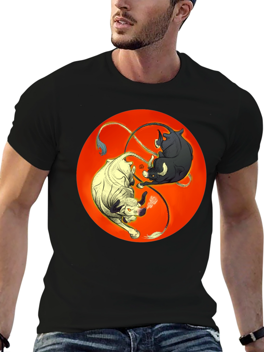 Yin Yang Bulls Graphic Tee - Unique Black T-Shirt