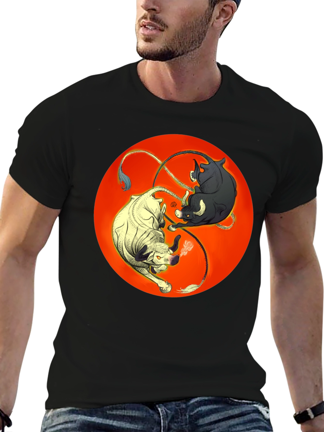 Yin Yang Bulls Graphic Tee - Unique Black T-Shirt