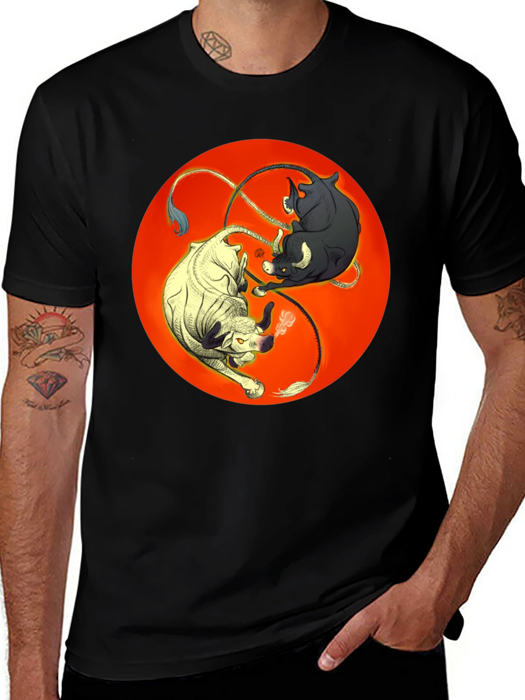 Yin Yang Bulls Graphic Tee - Unique Black T-Shirt