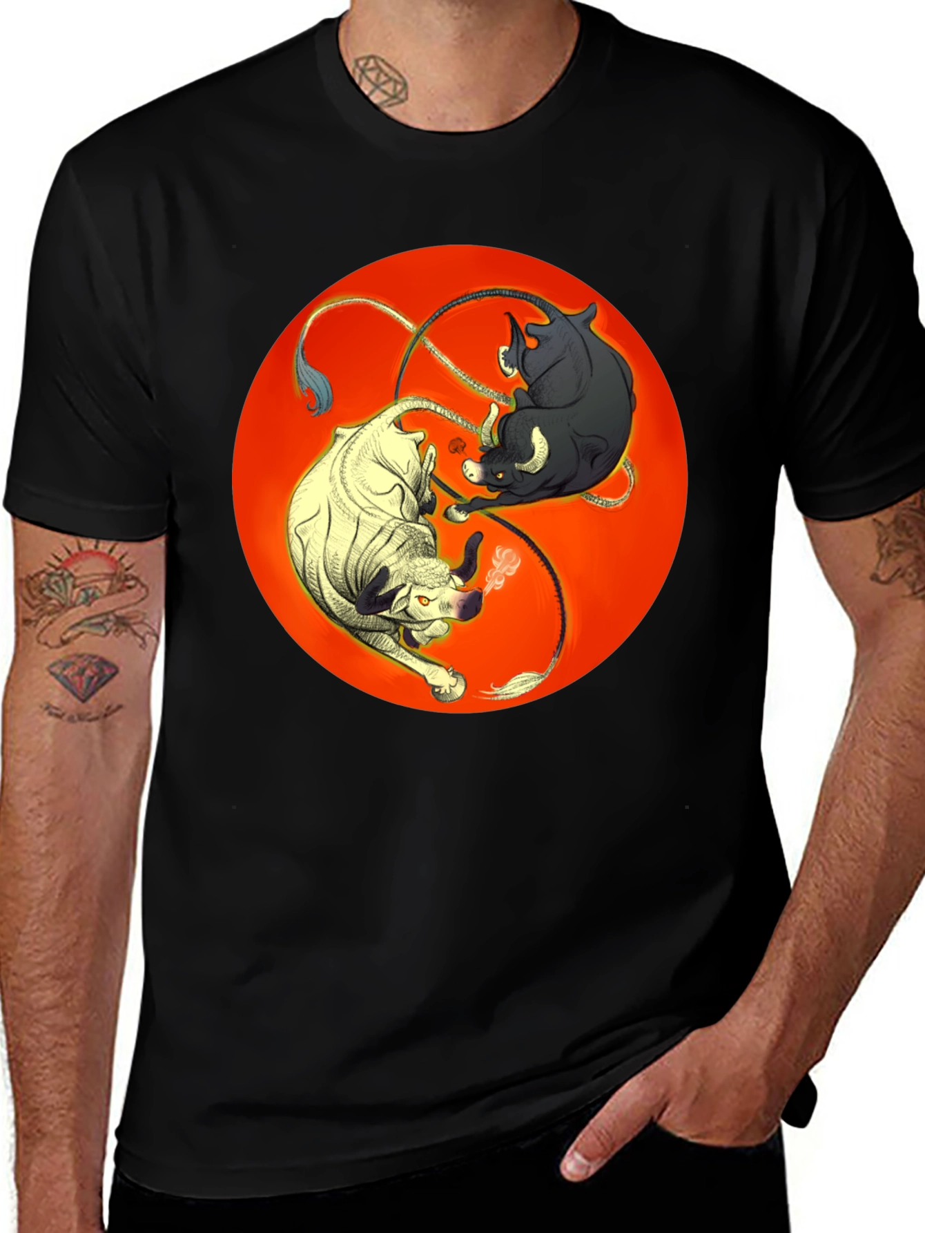 Yin Yang Bulls Graphic Tee - Unique Black T-Shirt