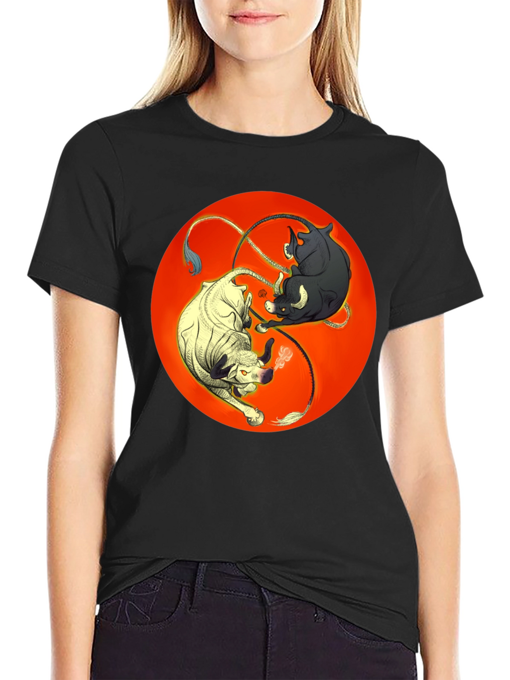 Yin Yang Bulls Graphic Tee - Unique Black T-Shirt