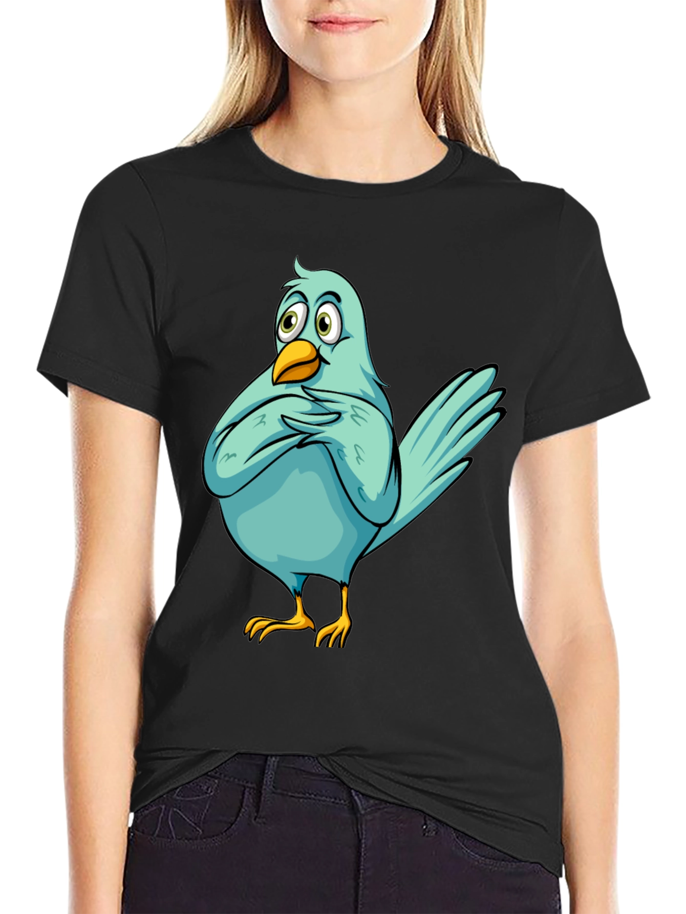 Funny Cartoon Bird Graphic T-Shirt - Black