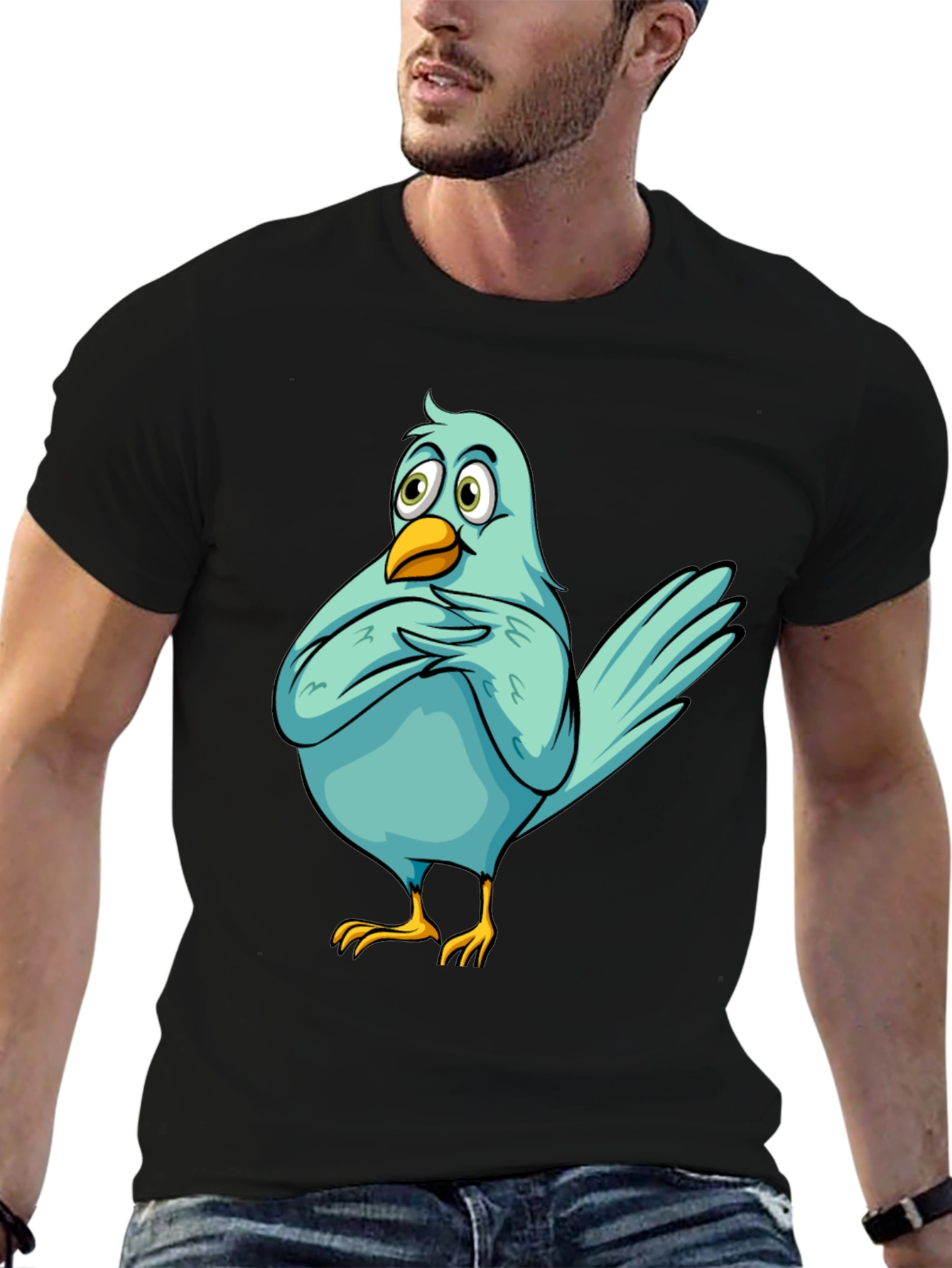 Funny Cartoon Bird Graphic T-Shirt - Black