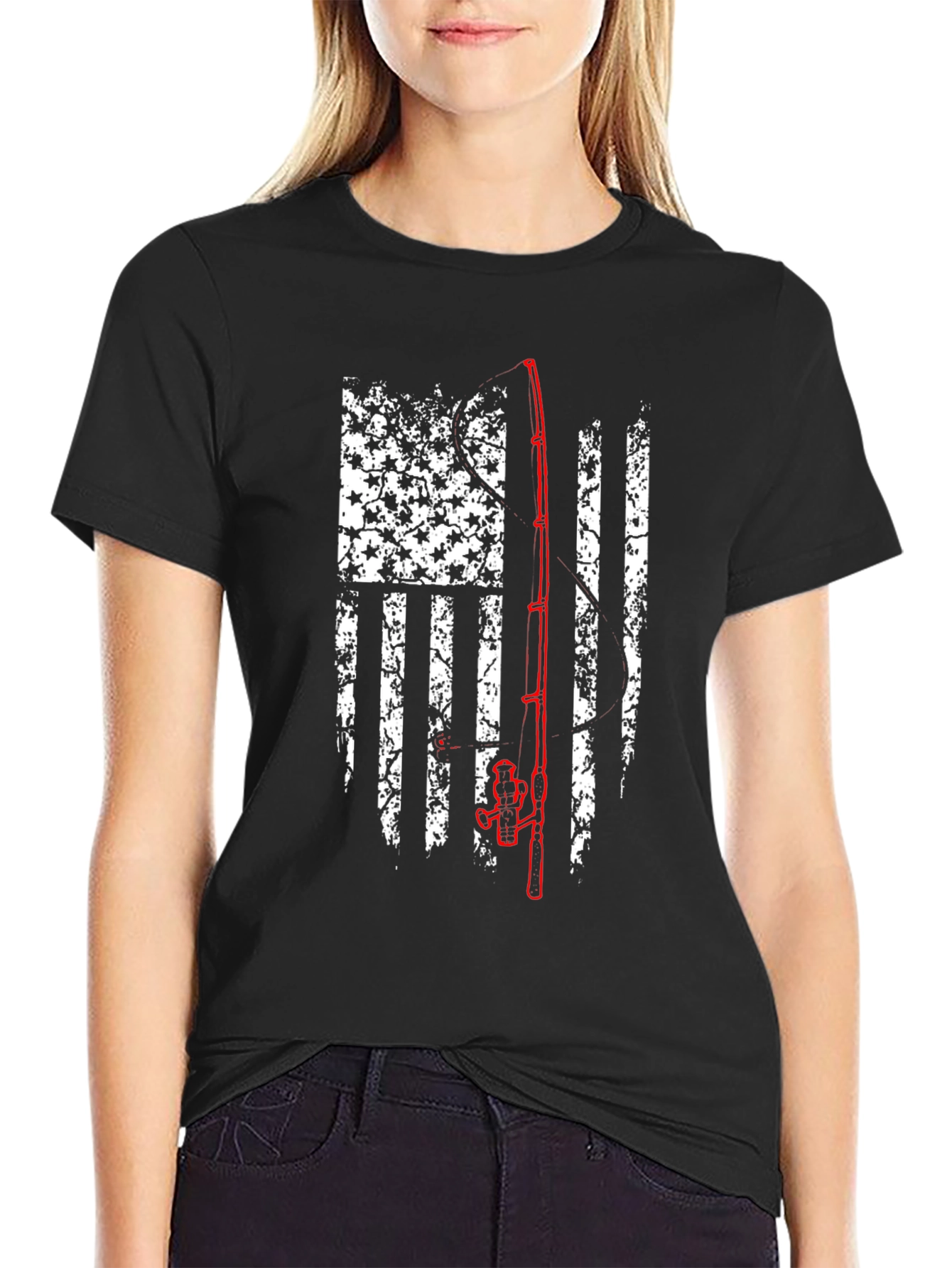 Fishing Rod American Flag Graphic T-Shirt