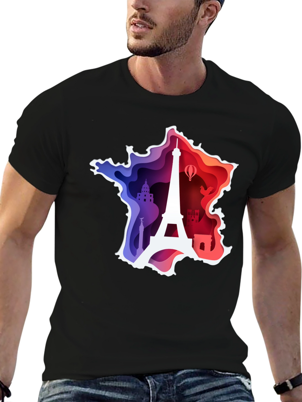 France Map Paris Landmark Black T-Shirt