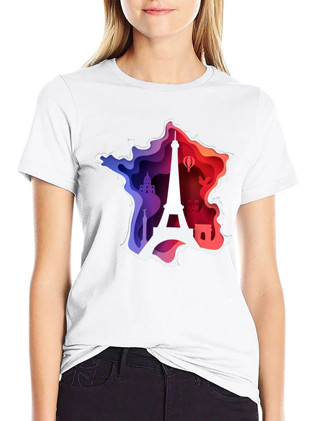 France Map Paris Landmark Black T-Shirt