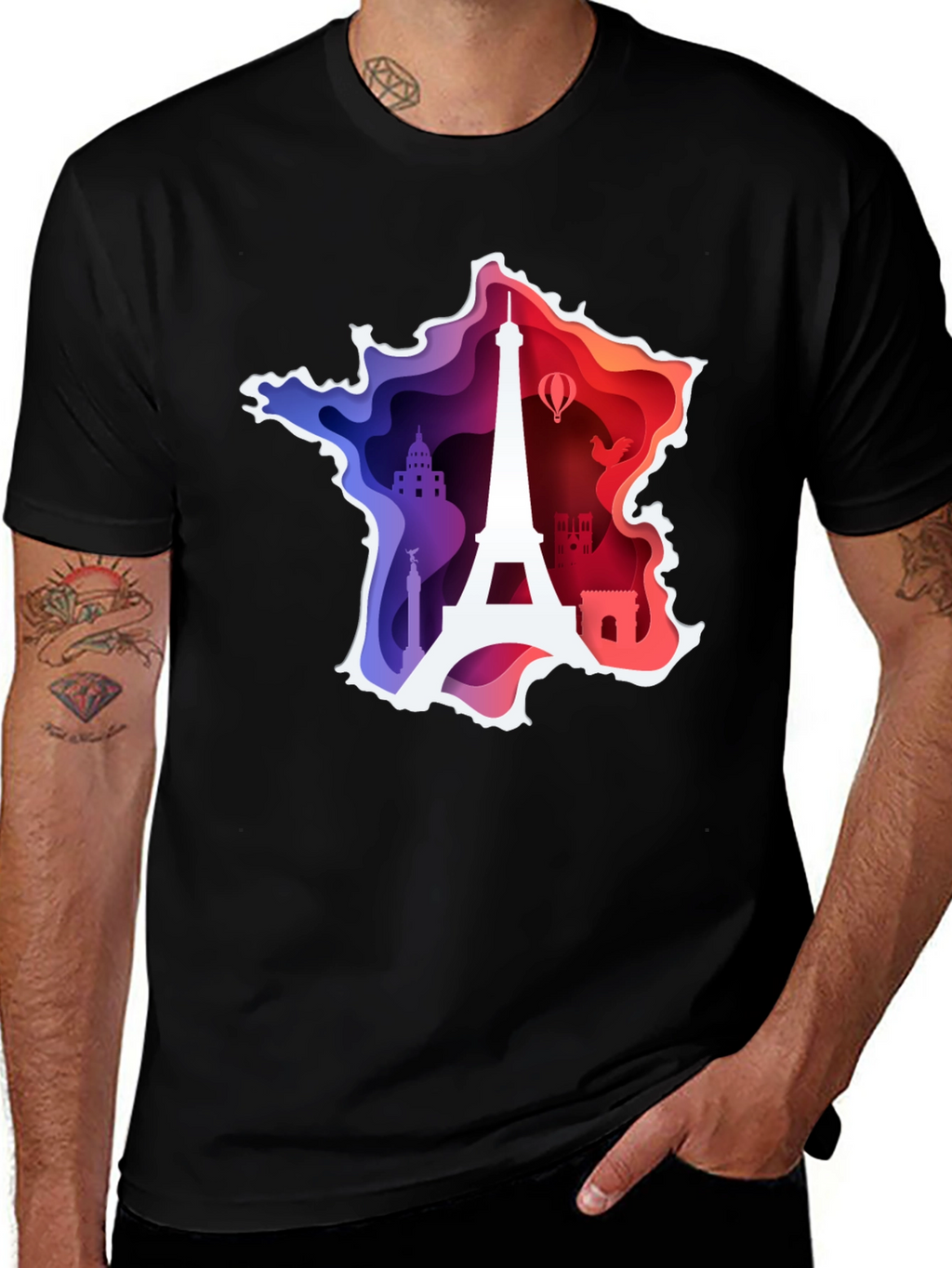 France Map Paris Landmark Black T-Shirt