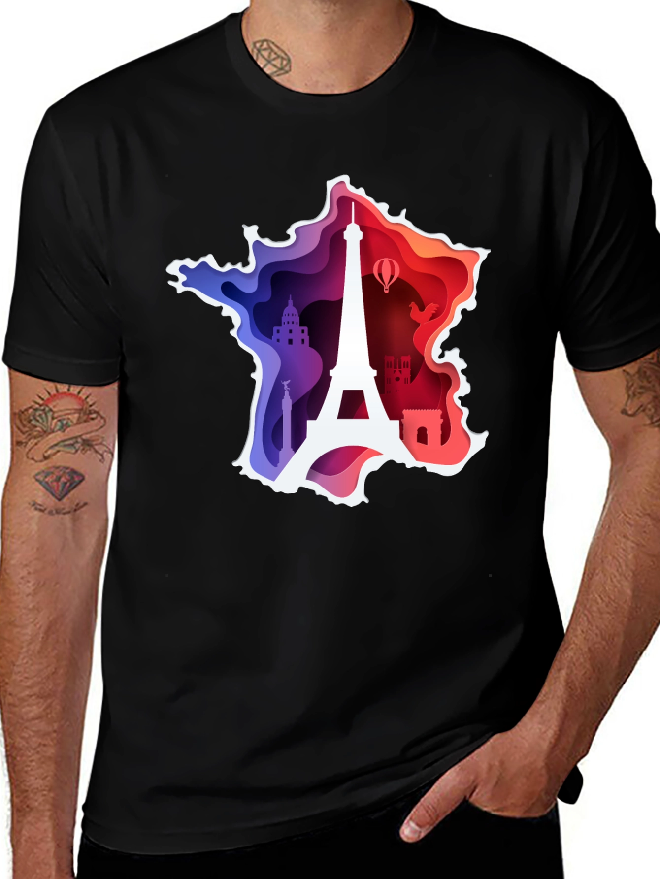 France Map Paris Landmark Black T-Shirt