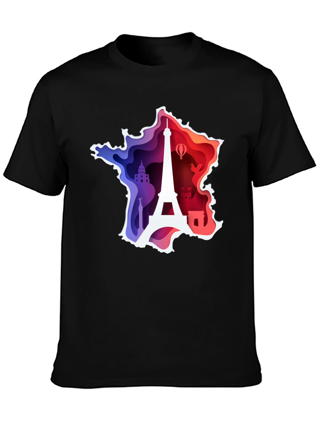 France Map Paris Landmark Black T-Shirt