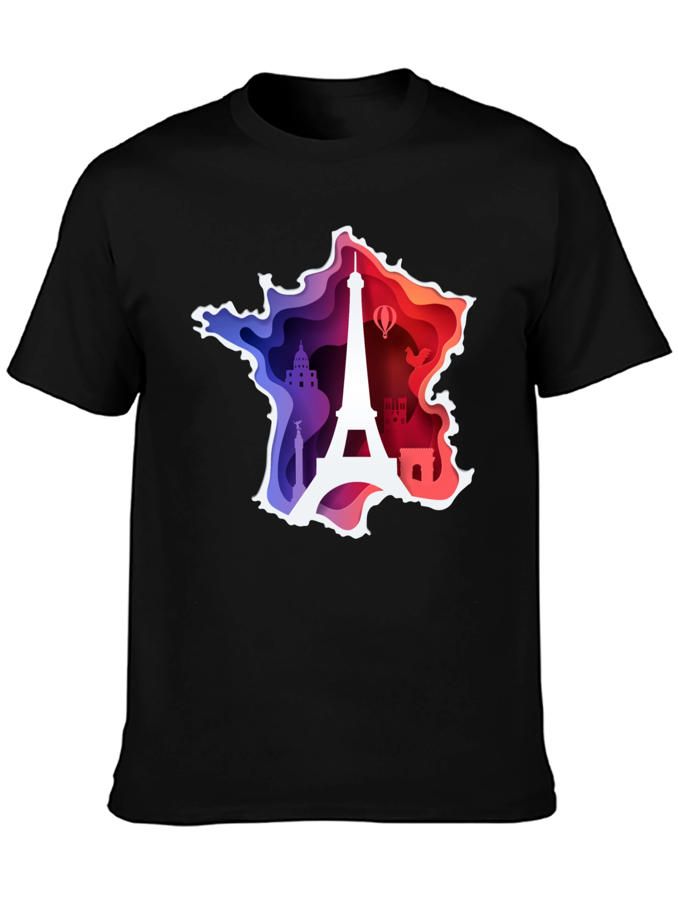 France Map Paris Landmark Black T-Shirt