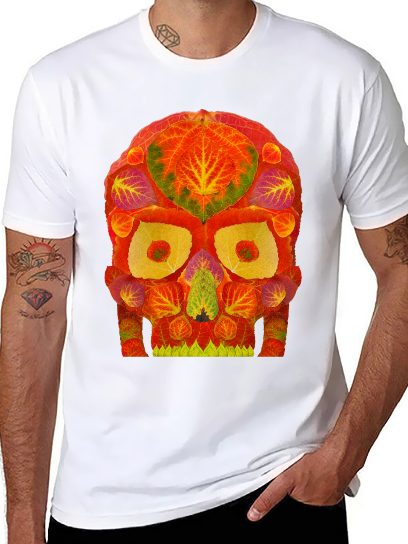 Autumn Leaves Skull Graphic Tee - Unique Nature Design