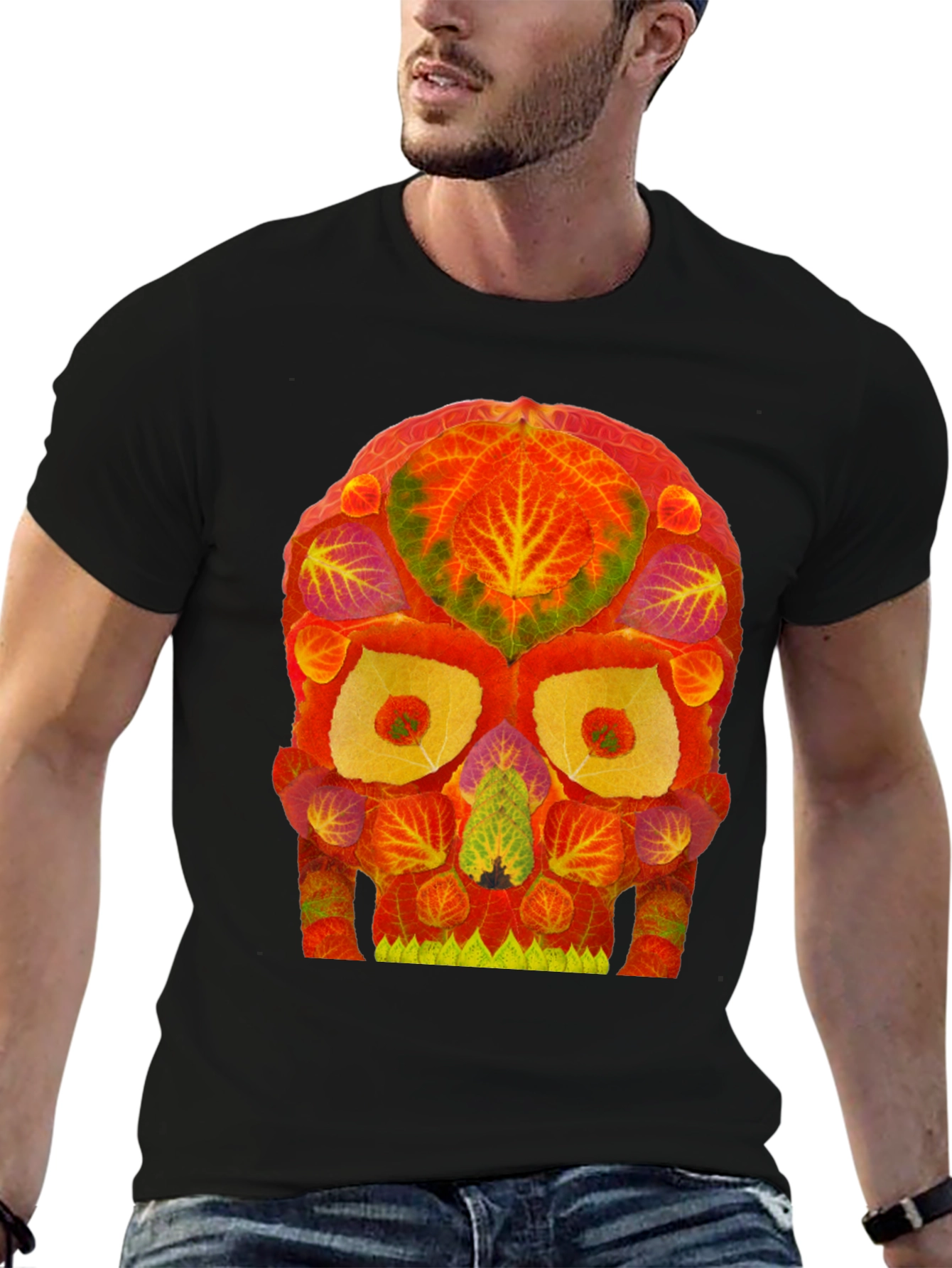 Autumn Leaves Skull Graphic Tee - Unique Nature Design