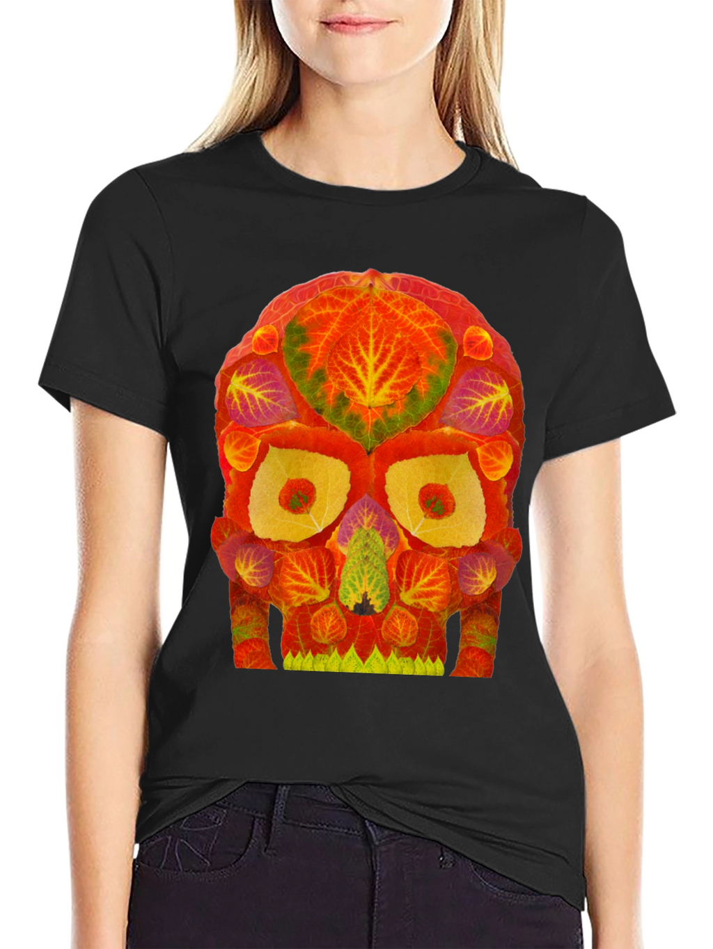 Autumn Leaves Skull Graphic Tee - Unique Nature Design
