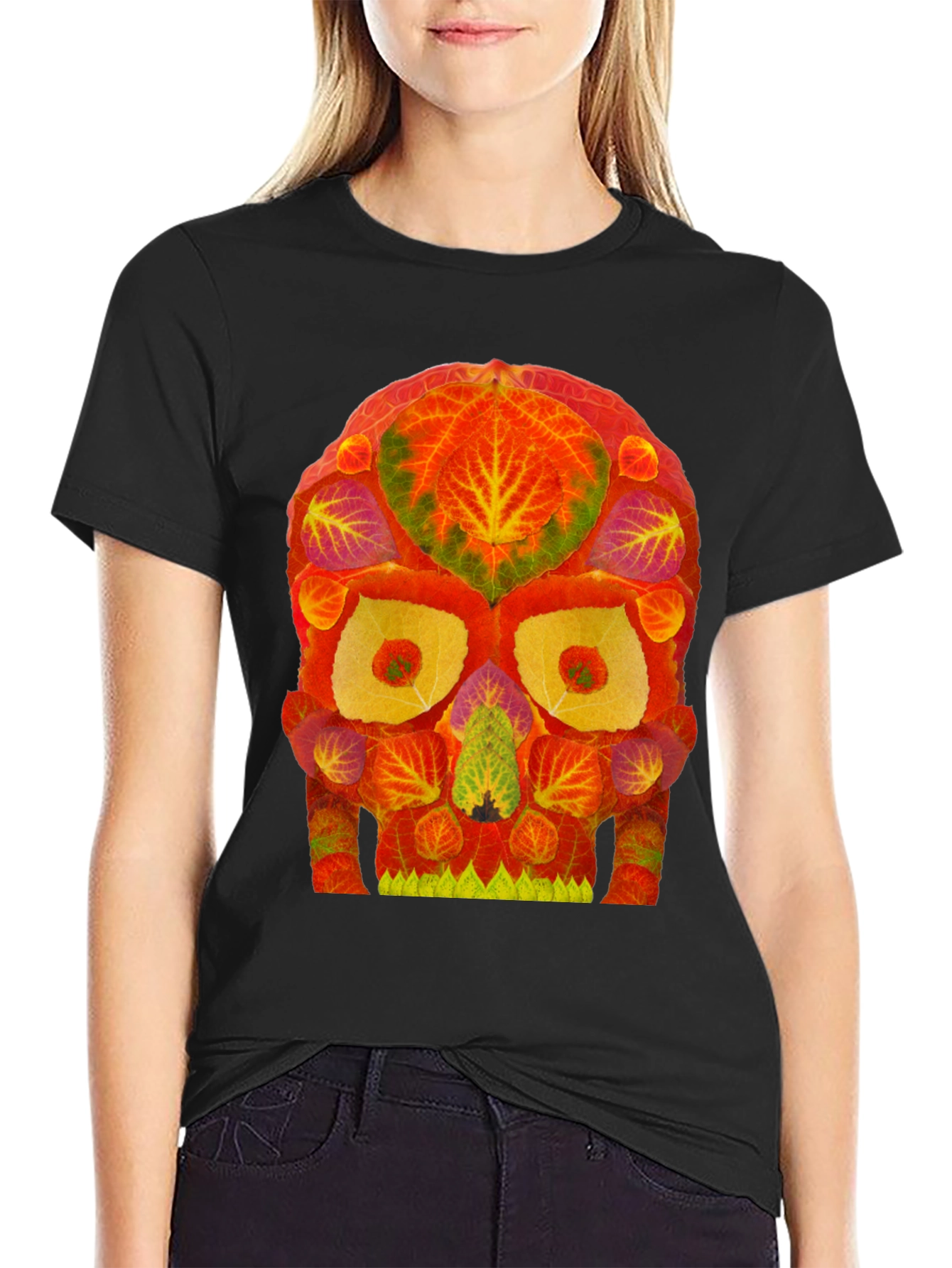 Autumn Leaves Skull Graphic Tee - Unique Nature Design