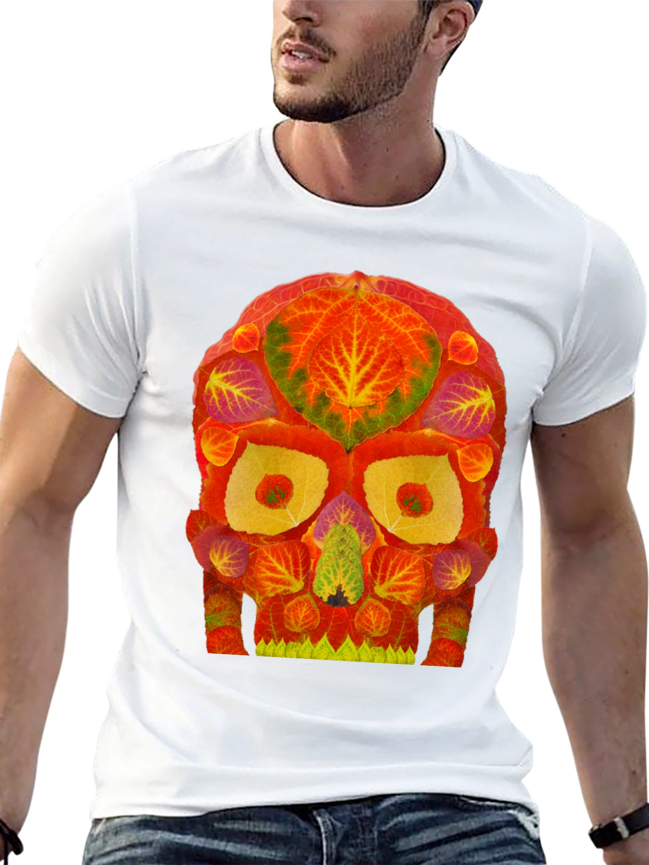 Autumn Leaves Skull Graphic Tee - Unique Nature Design