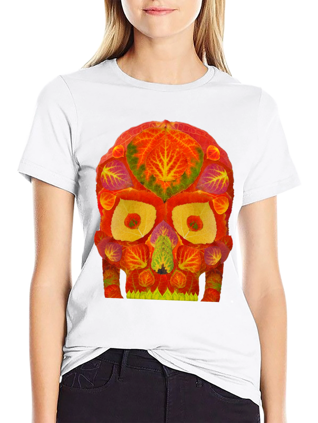 Autumn Leaves Skull Graphic Tee - Unique Nature Design