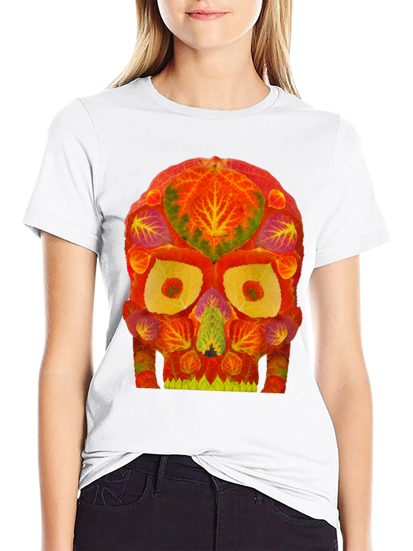 Autumn Leaves Skull Graphic Tee - Unique Nature Design