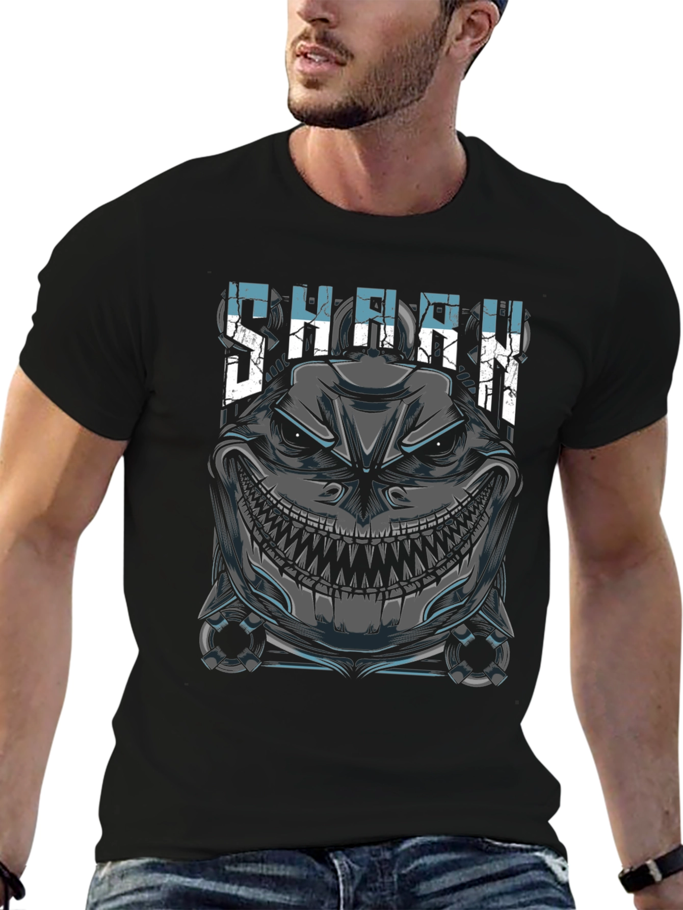 Mens Shark Graphic Print Black T-Shirt
