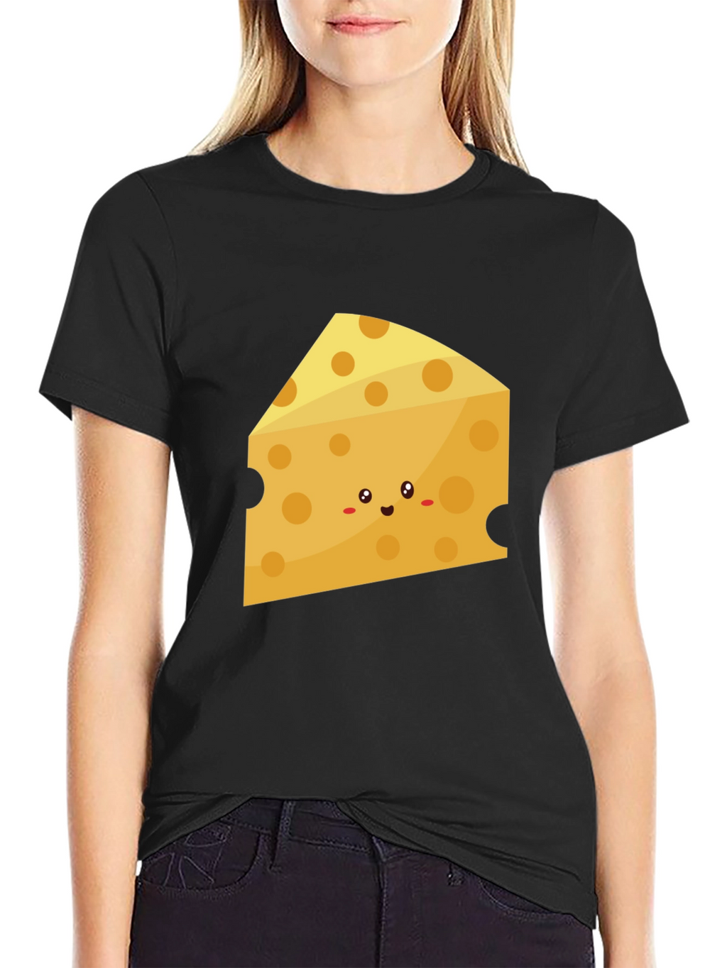 Cute Cheese Slice Graphic Tee - Black Cotton T-Shirt