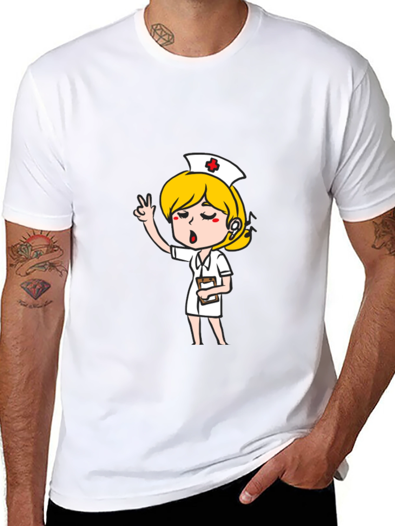 Cartoon Nurse Graphic T-Shirt - Black Cotton Tee