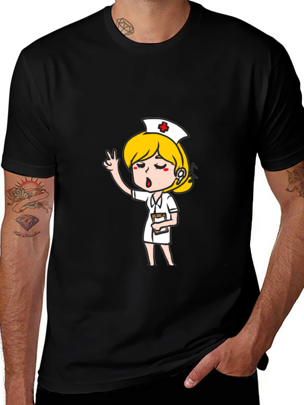 Cartoon Nurse Graphic T-Shirt - Black Cotton Tee