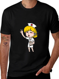 Cartoon Nurse Graphic T-Shirt - Black Cotton Tee
