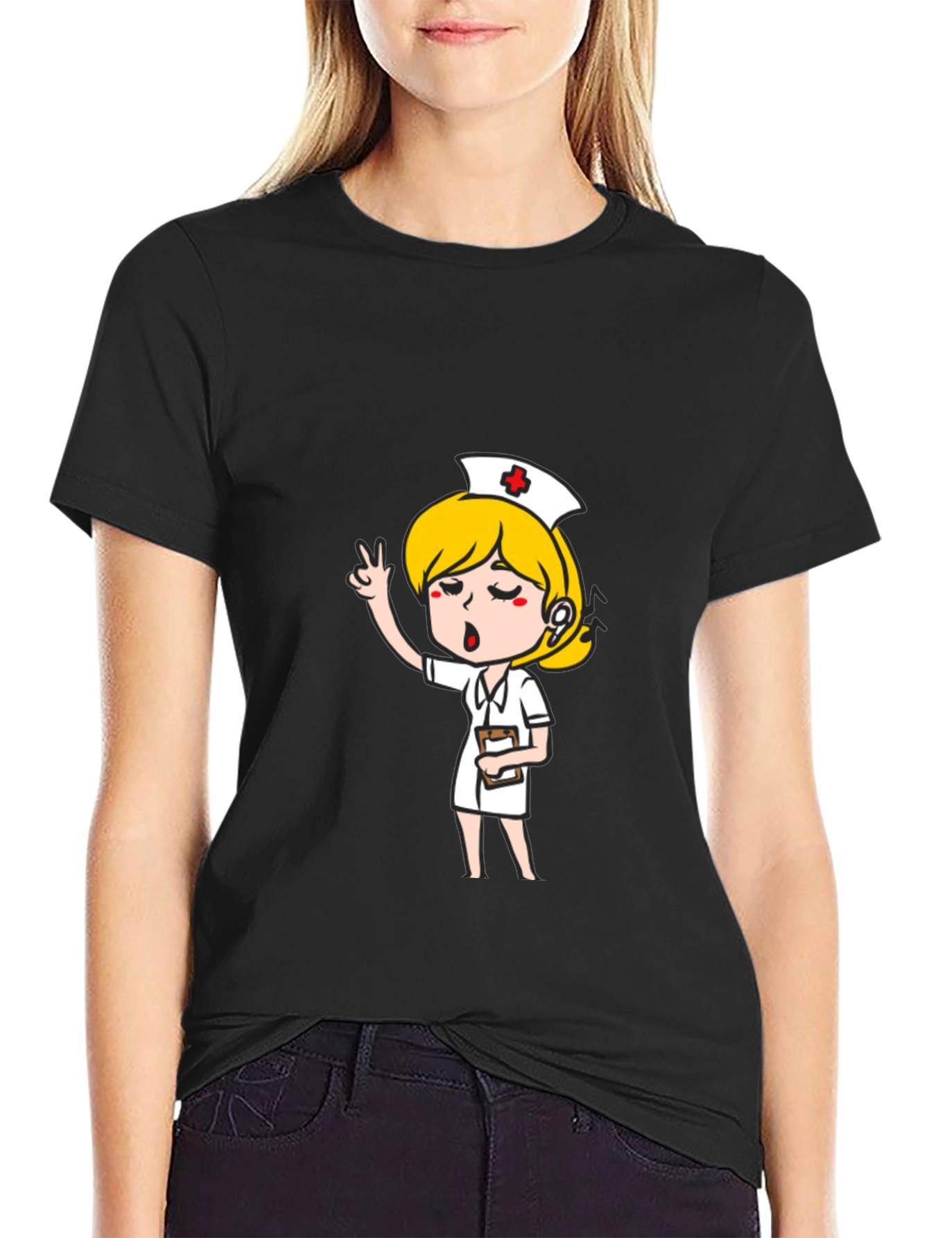 Cartoon Nurse Graphic T-Shirt - Black Cotton Tee