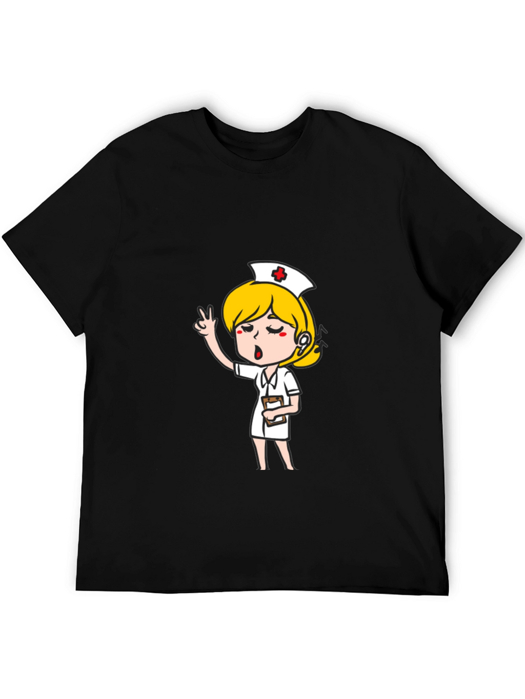 Cartoon Nurse Graphic T-Shirt - Black Cotton Tee