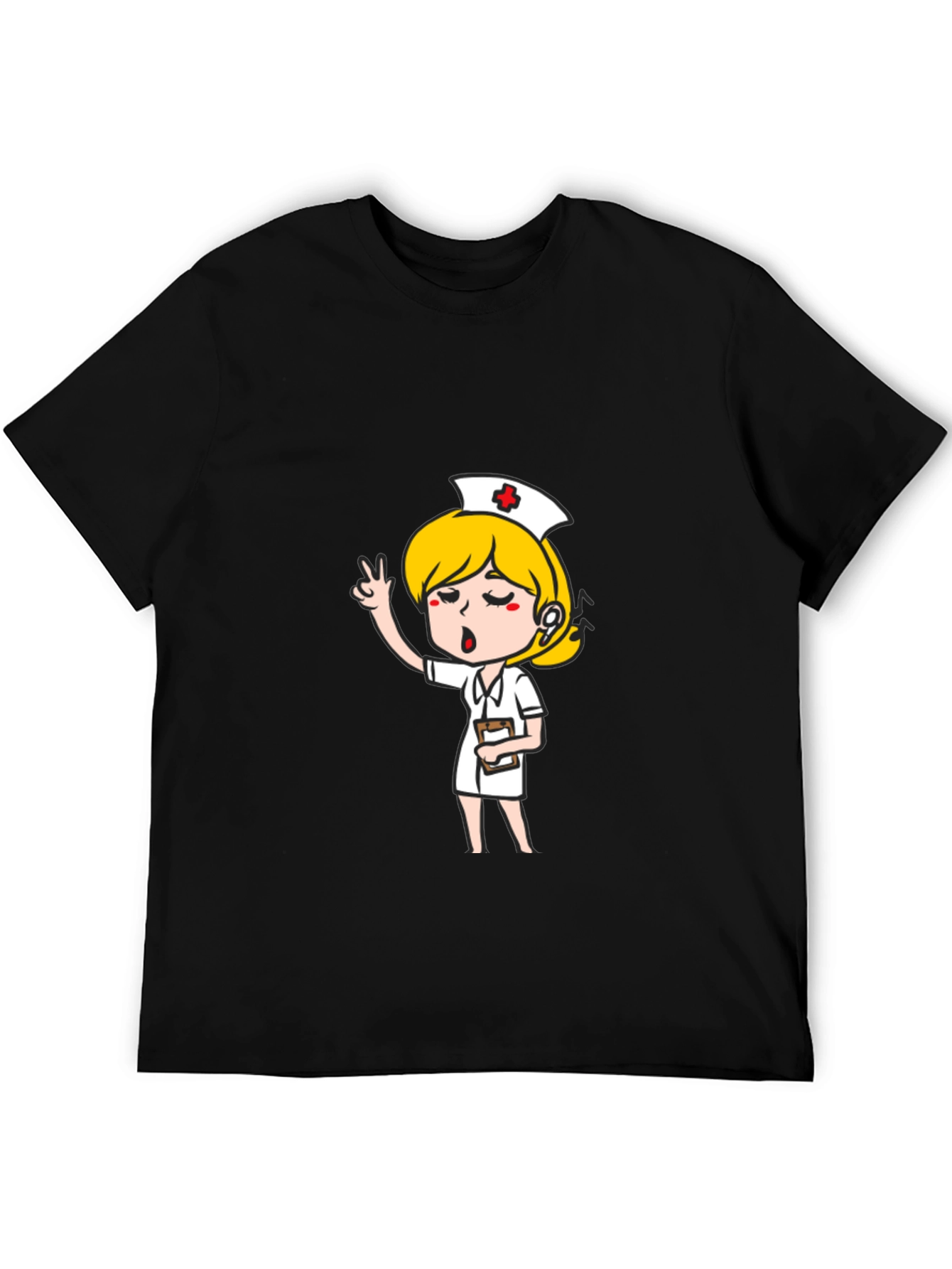 Cartoon Nurse Graphic T-Shirt - Black Cotton Tee