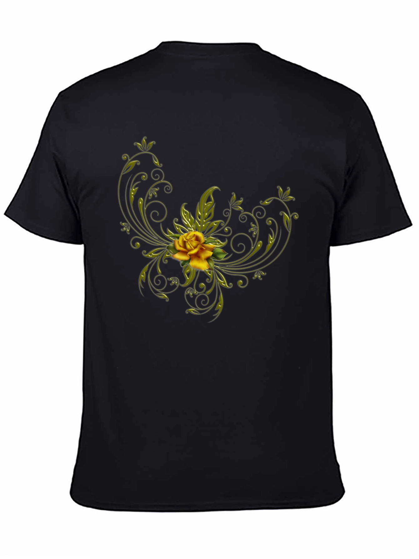 Black T-Shirt with Floral Yellow Rose Design