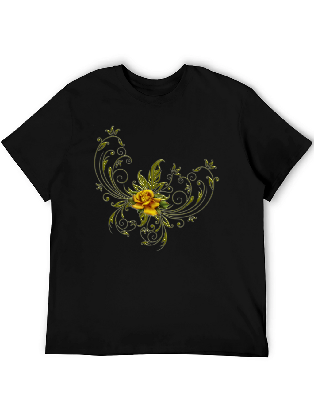 Black T-Shirt with Floral Yellow Rose Design