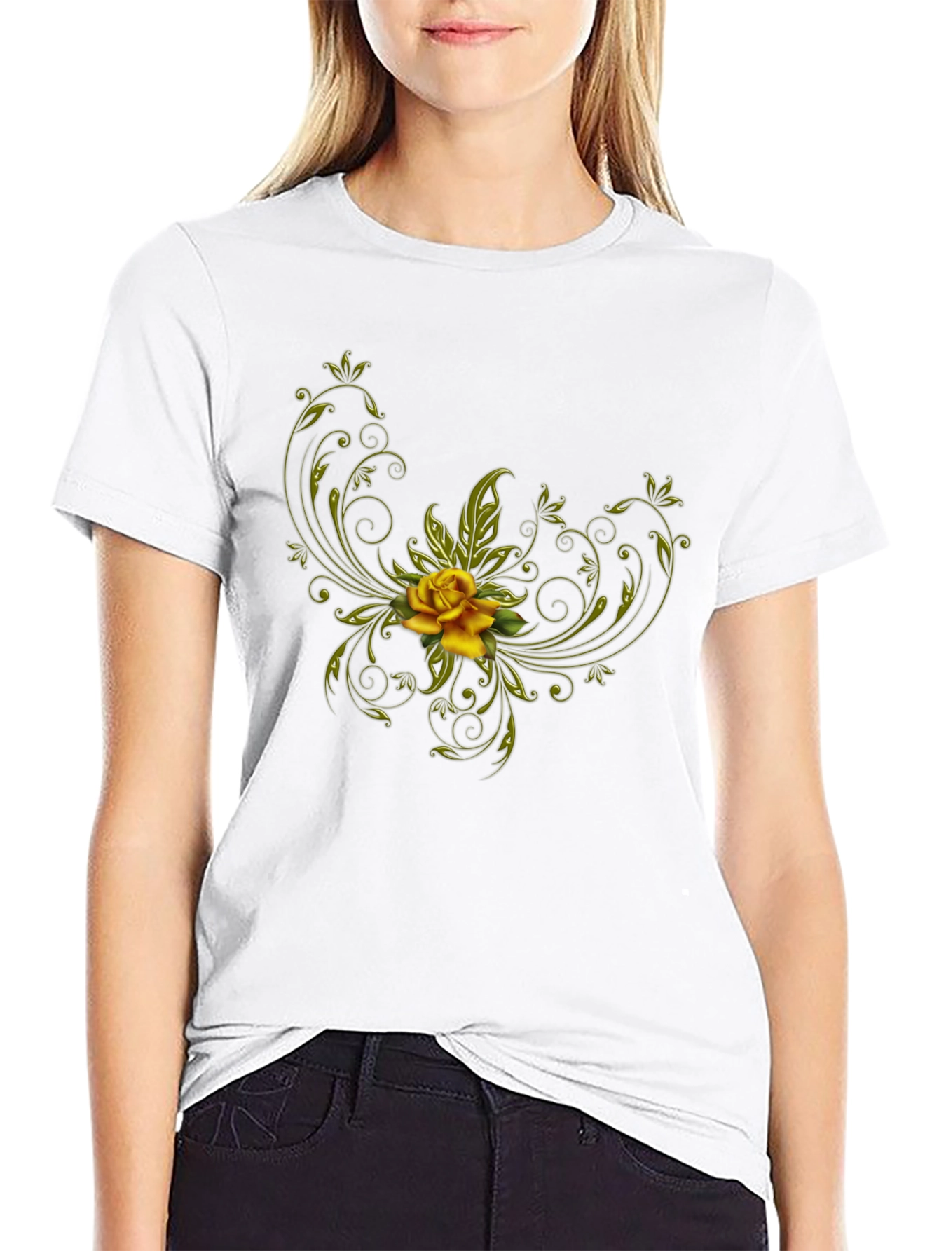 Black T-Shirt with Floral Yellow Rose Design