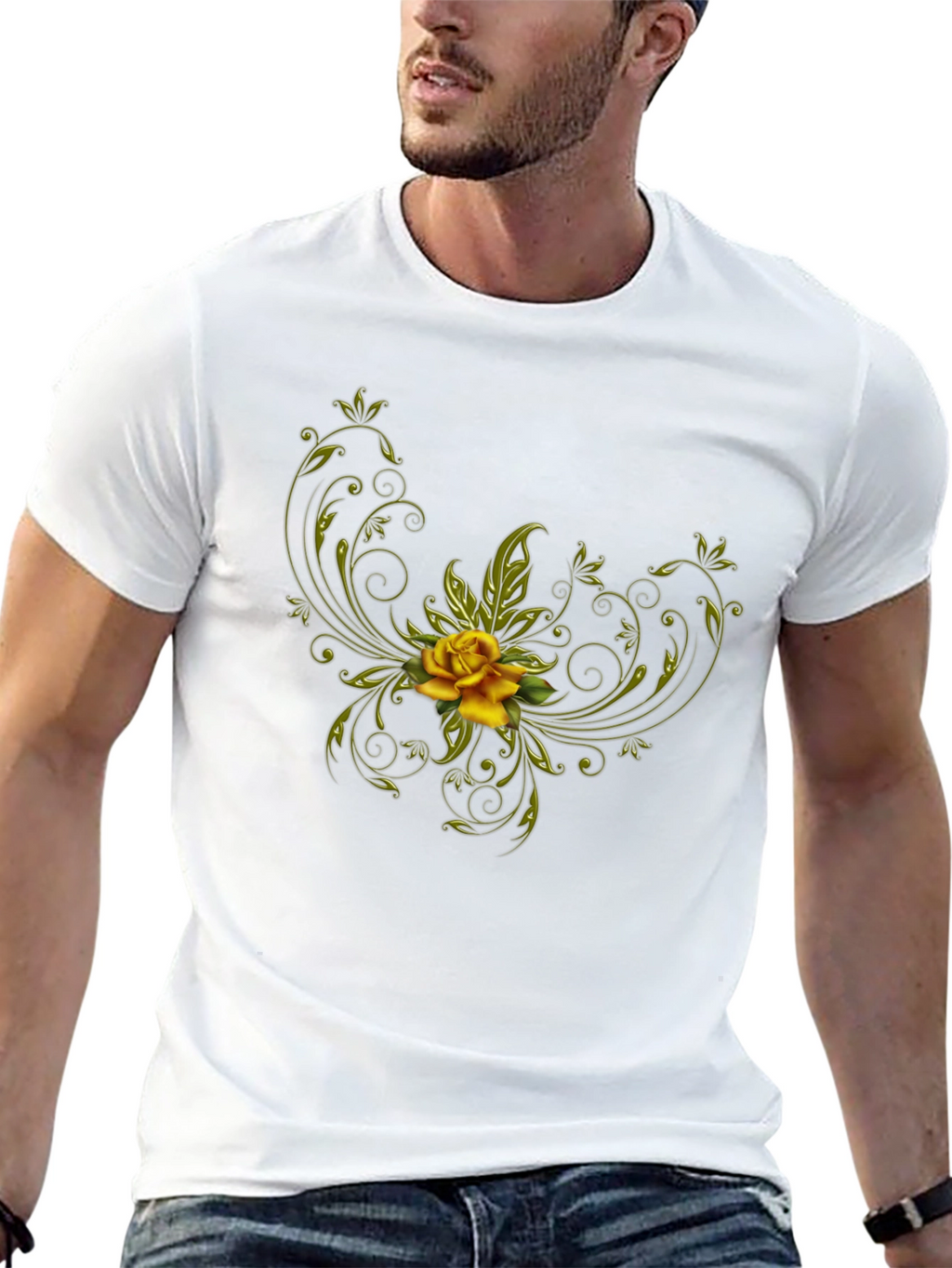Black T-Shirt with Floral Yellow Rose Design