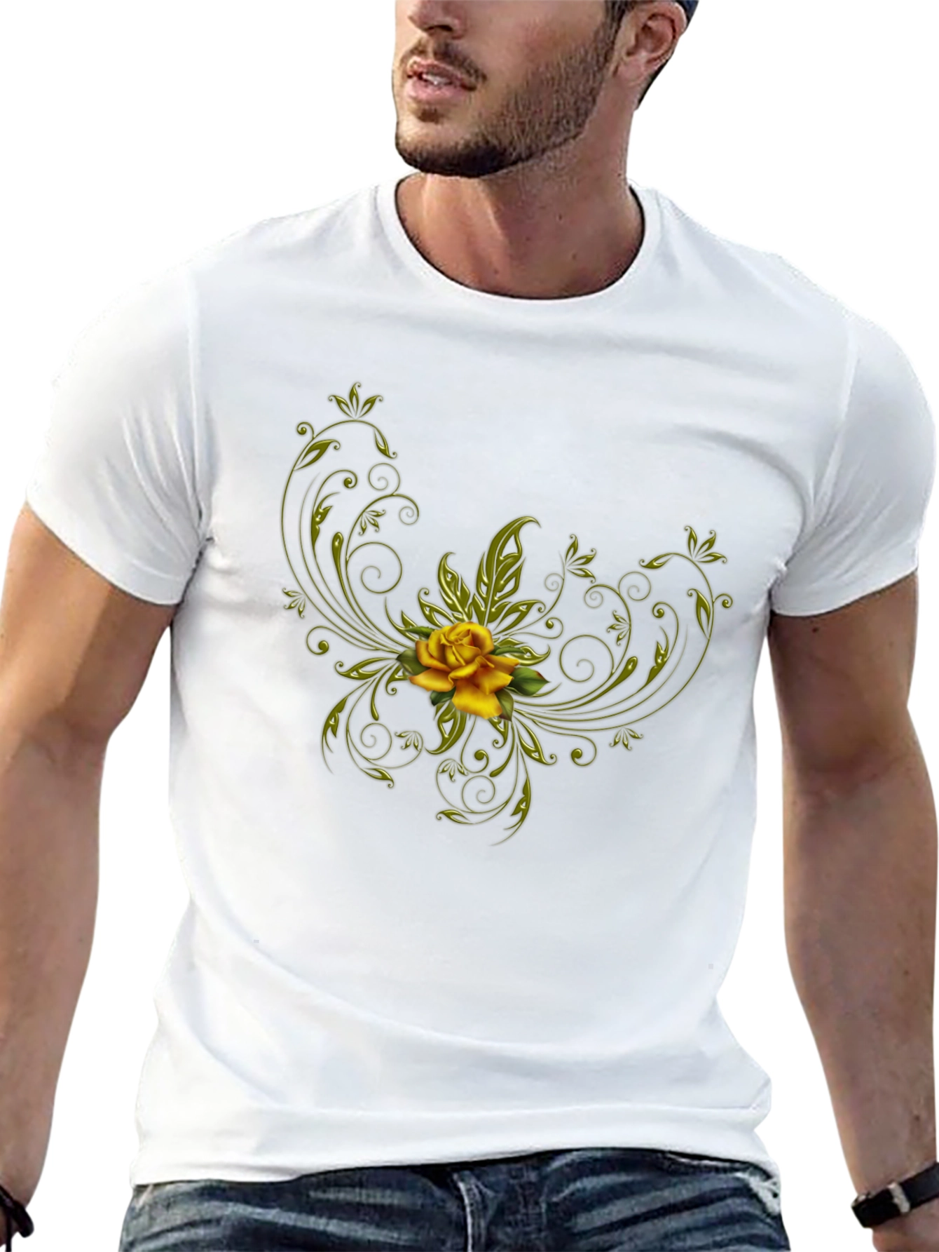 Black T-Shirt with Floral Yellow Rose Design