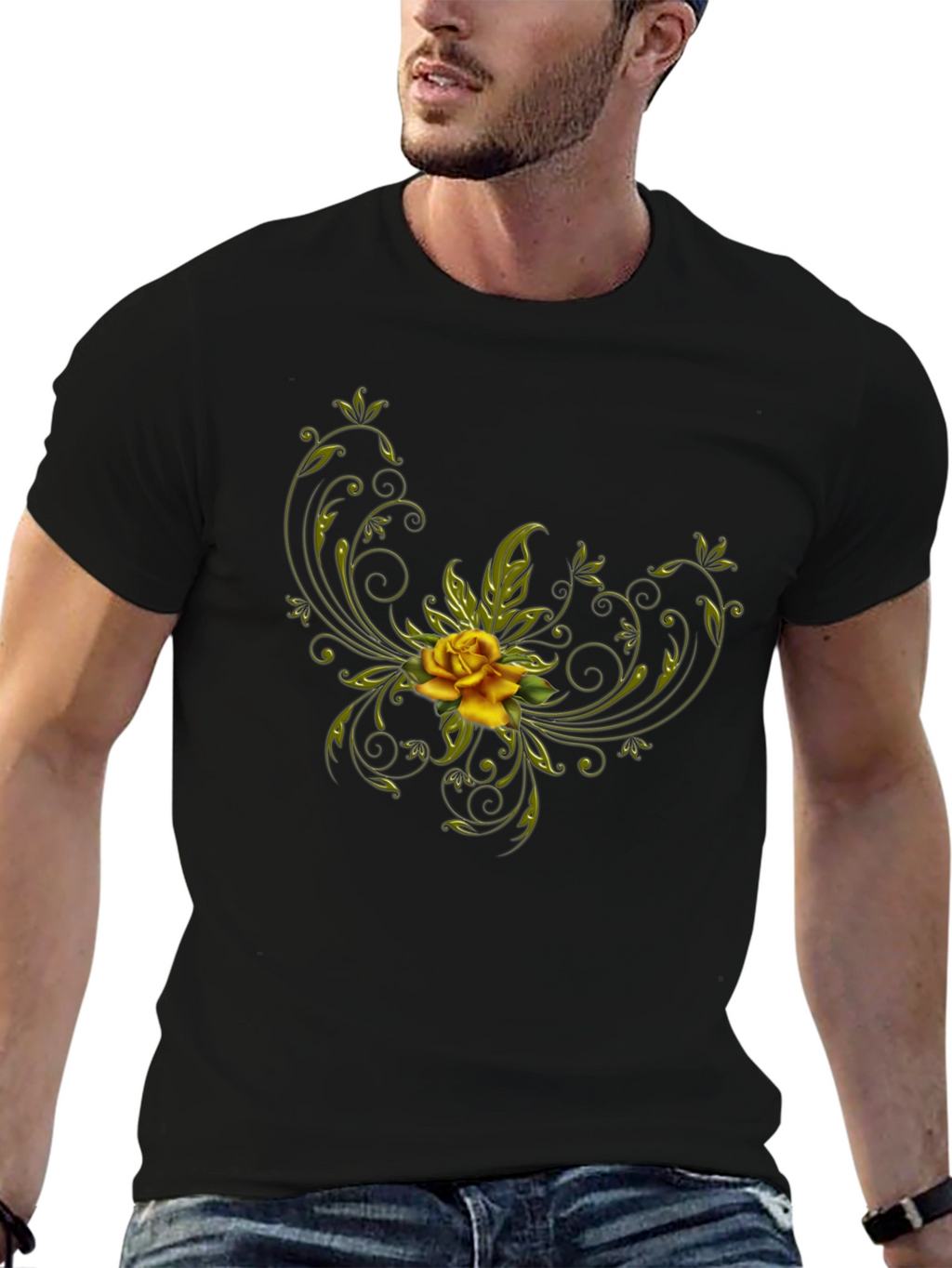Black T-Shirt with Floral Yellow Rose Design