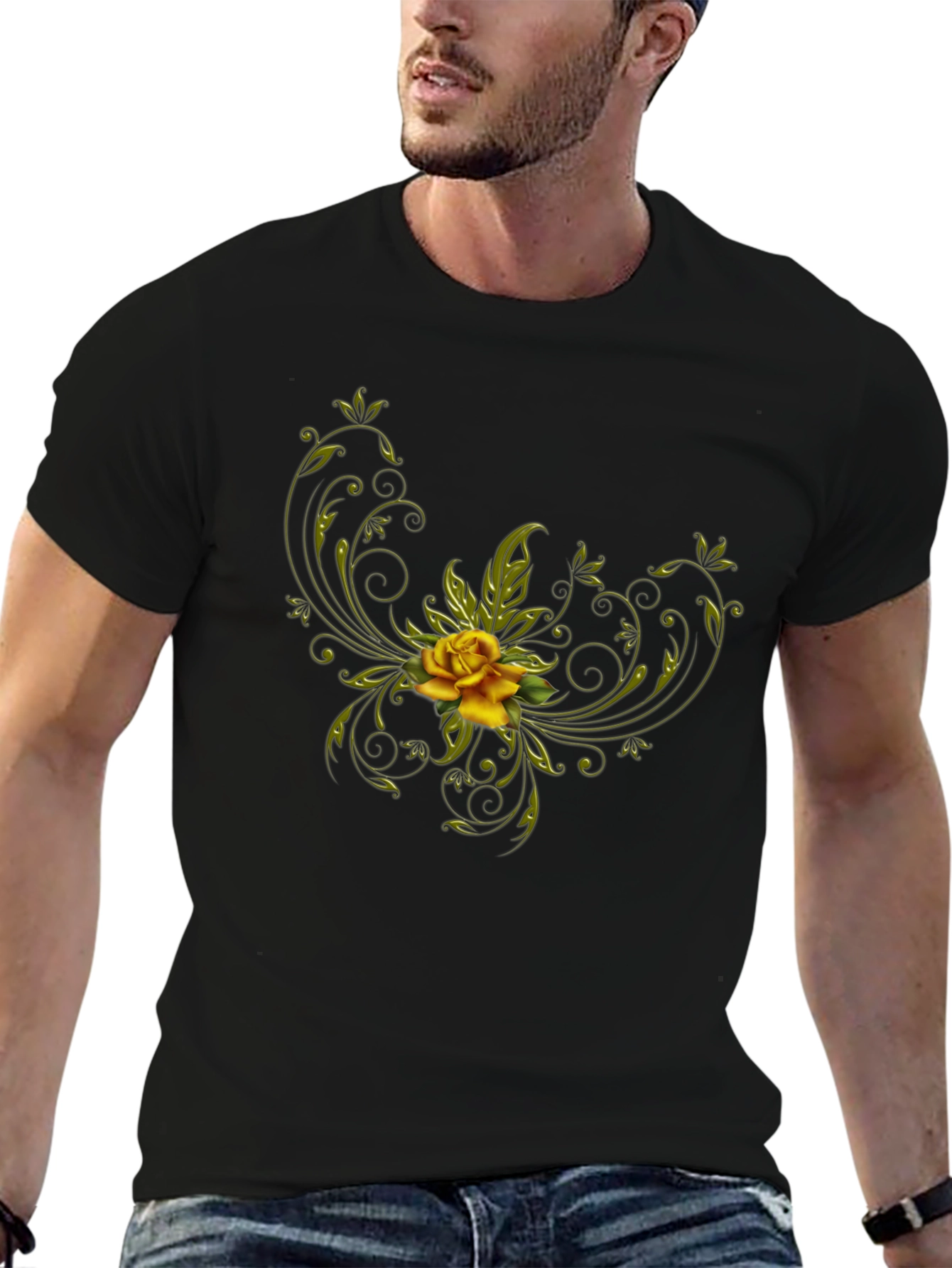 Black T-Shirt with Floral Yellow Rose Design
