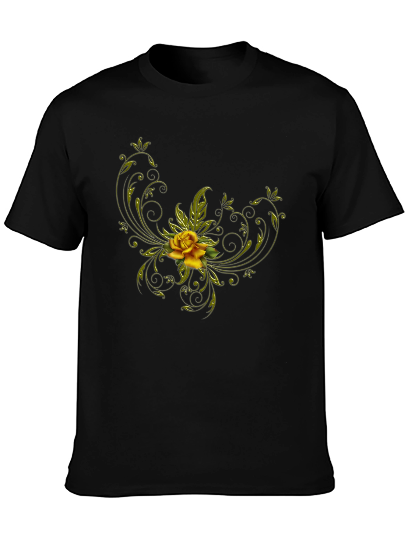 Black T-Shirt with Floral Yellow Rose Design