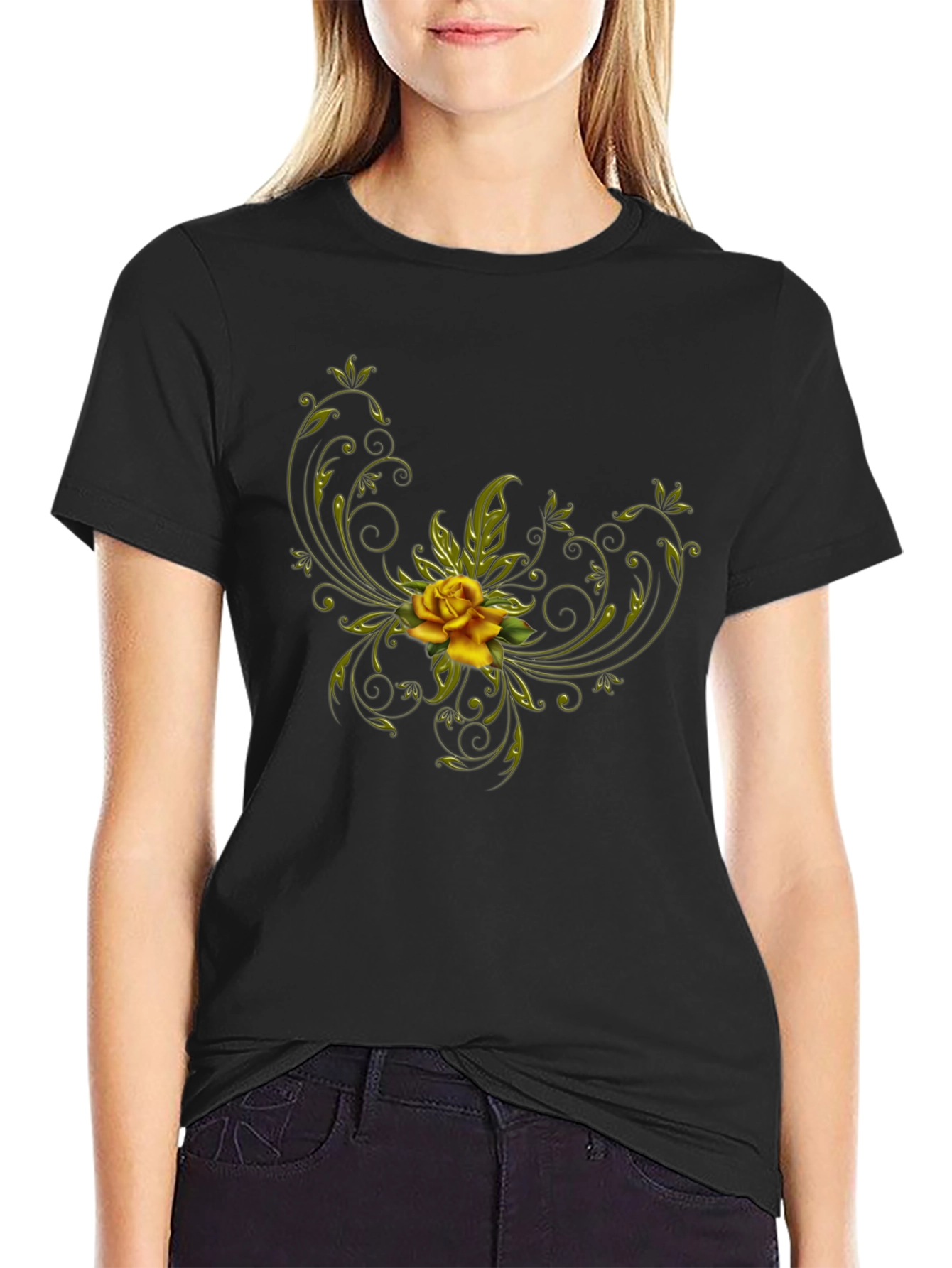 Black T-Shirt with Floral Yellow Rose Design