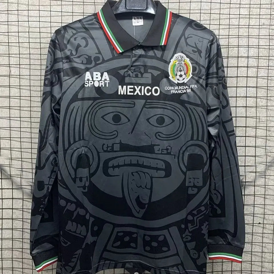 1998 Mexico Black Retro Long Sleeve Soccer Jersey Front