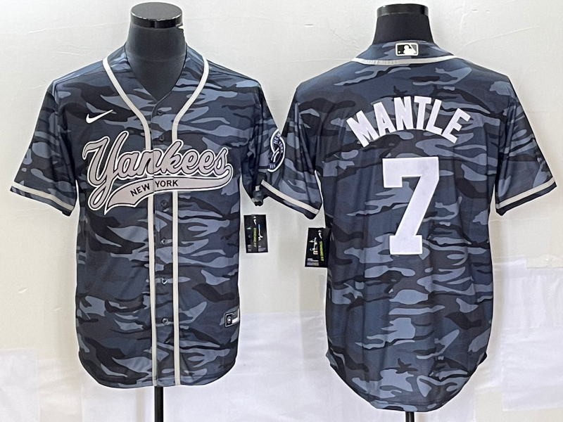 Men's New York Yankees Mickey Mantle #7 Grey Camouflage Player Jerseys Joint Edition