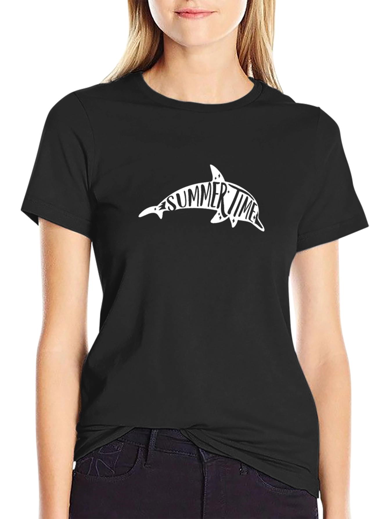 Summer Time Dolphin Graphic T-Shirt - Black