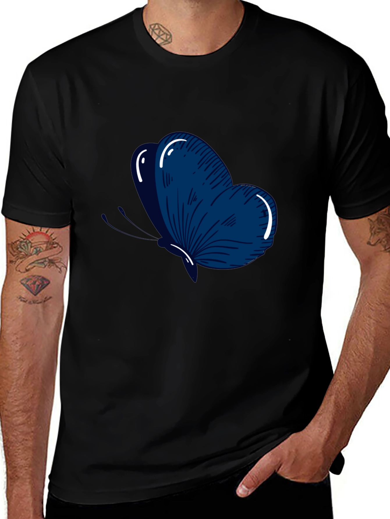 Mens Black T-Shirt with Blue Butterfly Graphic